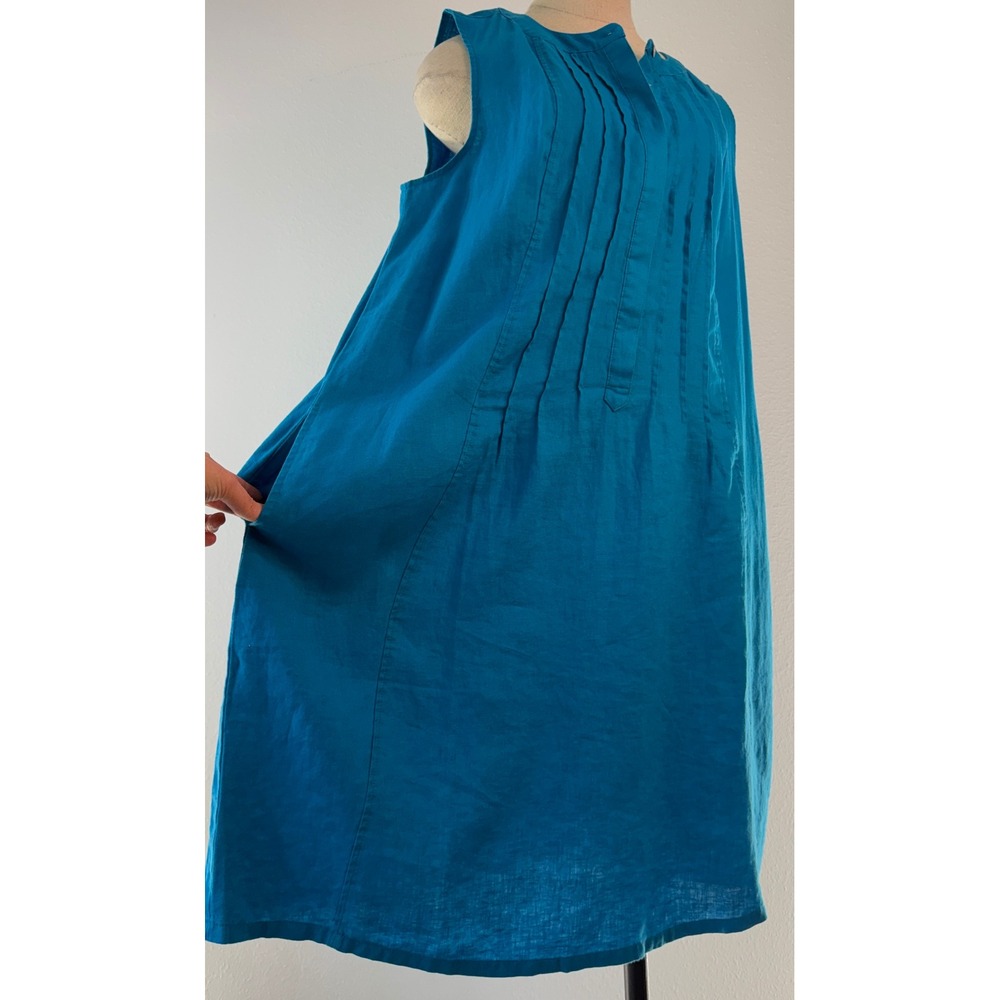 J. Jill Love Linen Teal Blue Pleated Shift Dress 100% Linen Pockets Sleeveless L - Picture 4 of 8